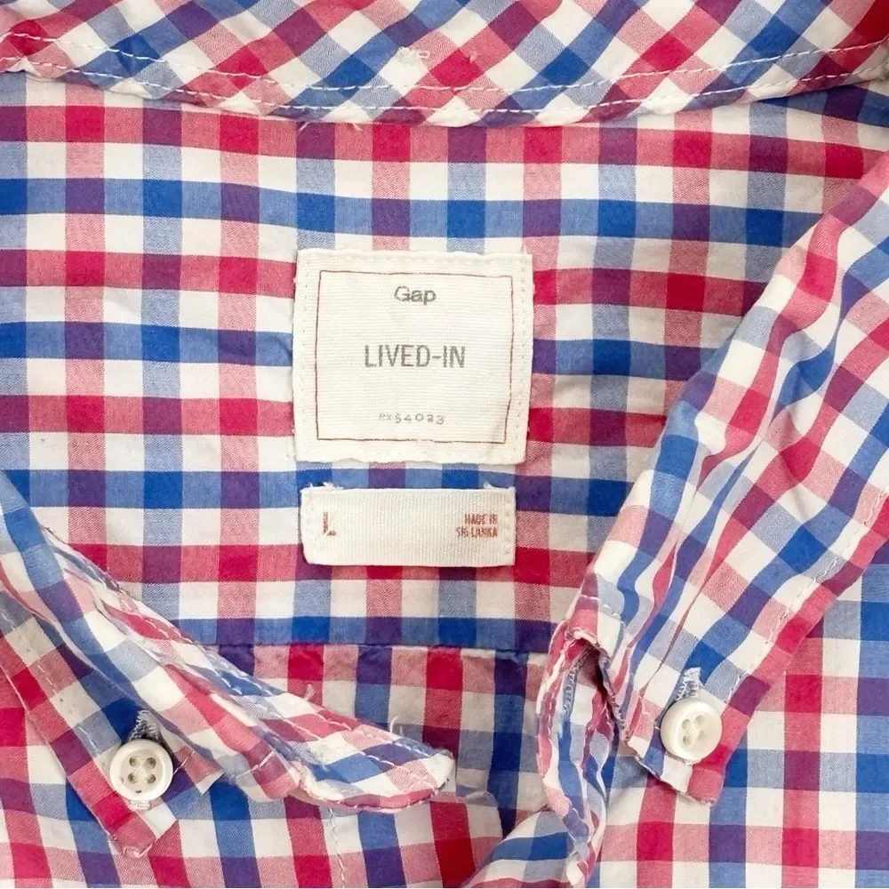 Gap Lived-In Button Down Shirt Mens Large Red Blue Gingham Plaid 100% Cotton - Picture 3 of 8